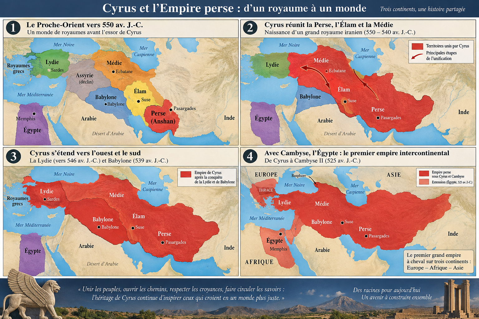 Cartes de l'Empire perse — de Cyrus à Cambyse : le Proche-Orient vers 550 av. J.-C., la réunion de la Perse, de l'Élam et de la Médie, l'extension vers la Lydie et Babylone, et le premier empire intercontinental sous Cambyse II.