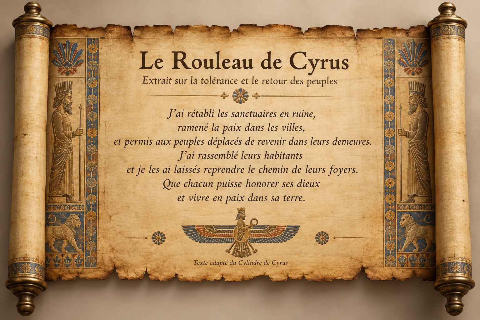Extrait du Rouleau de Cyrus — texte adapté du Cylindre de Cyrus, conservé au British Museum.