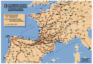 Carte des chemins de Saint-Jacques-de-Compostelle convergeant vers les Pyrénées puis vers la Galice