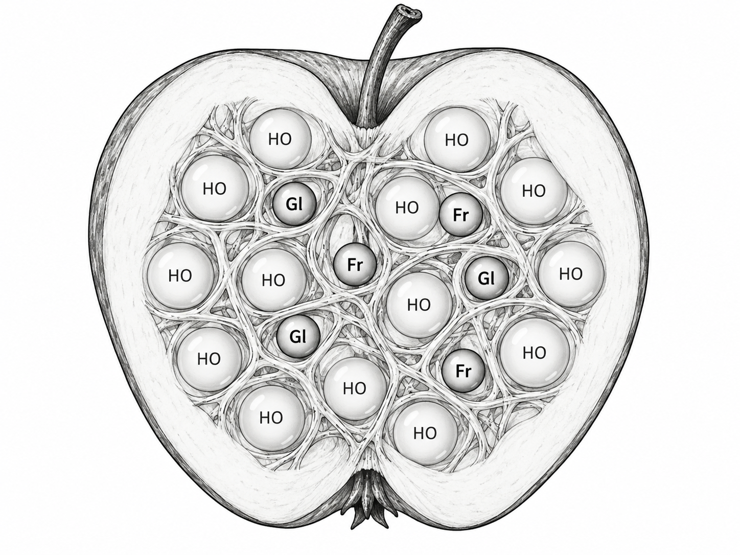 Pomme en coupe : beaucoup d’eau, un peu de glucose et de fructose, retenus dans les fibres