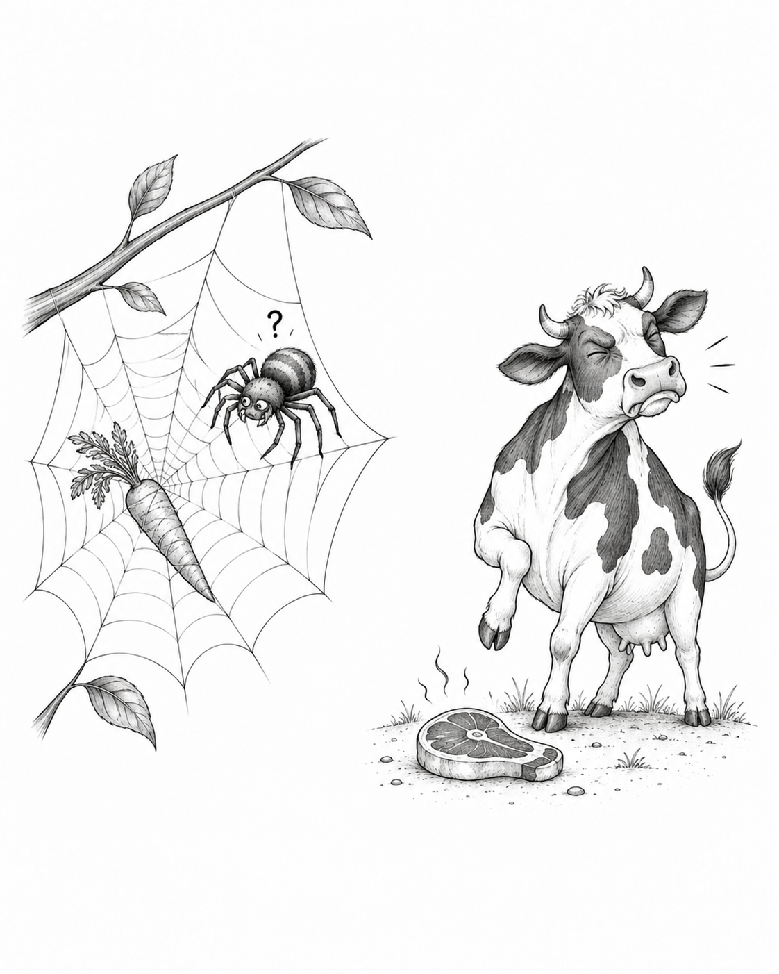 Araignée face à une carotte et vache face à un morceau de viande
