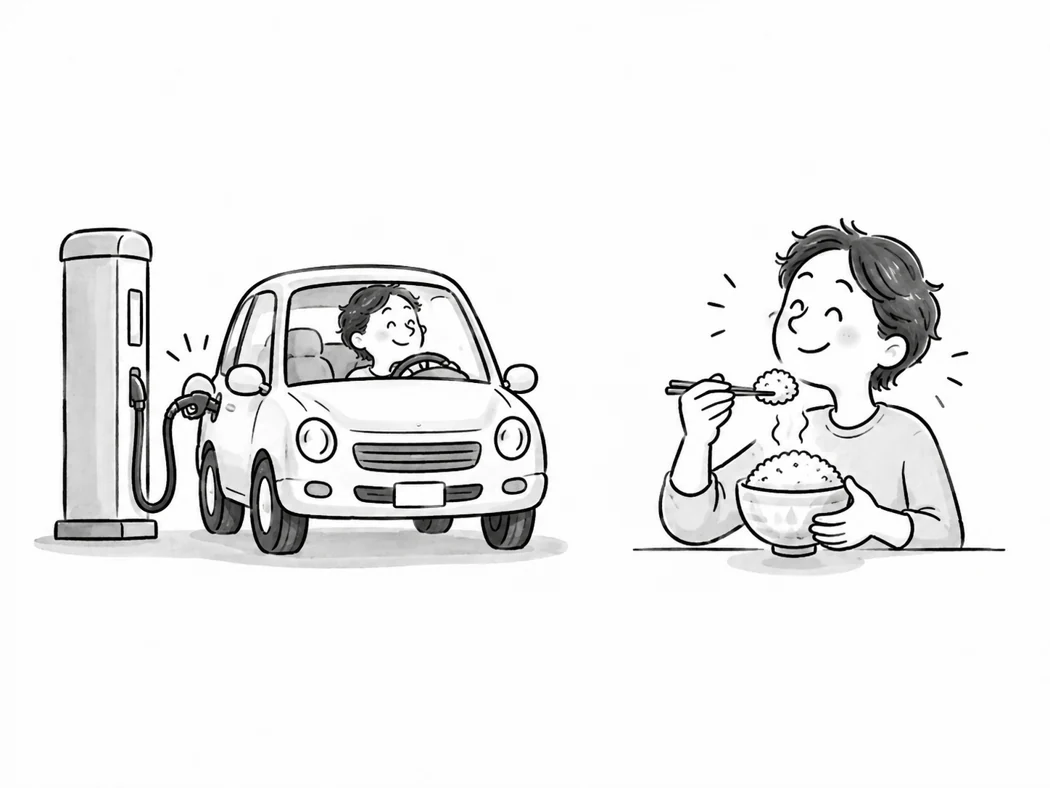 Voiture et personne mangeant du riz