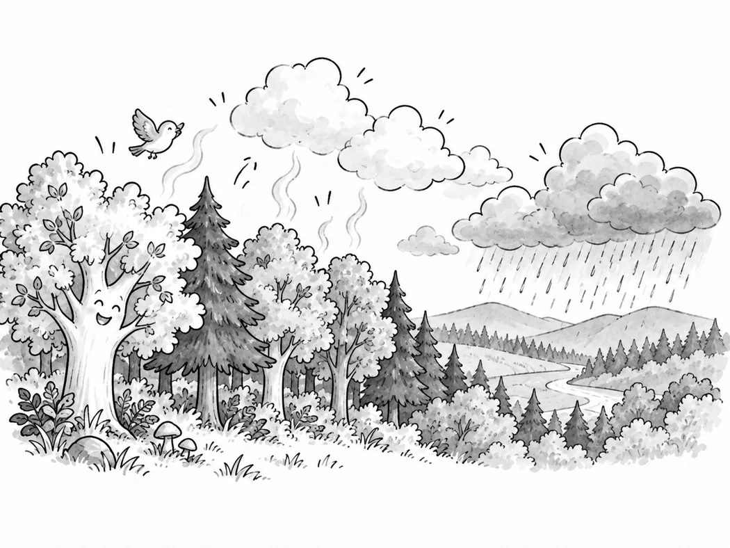Forêt, nuages et pluie
