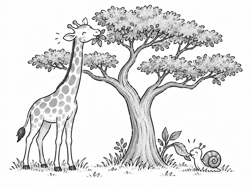 Girafe et escargot au pied d’un arbre