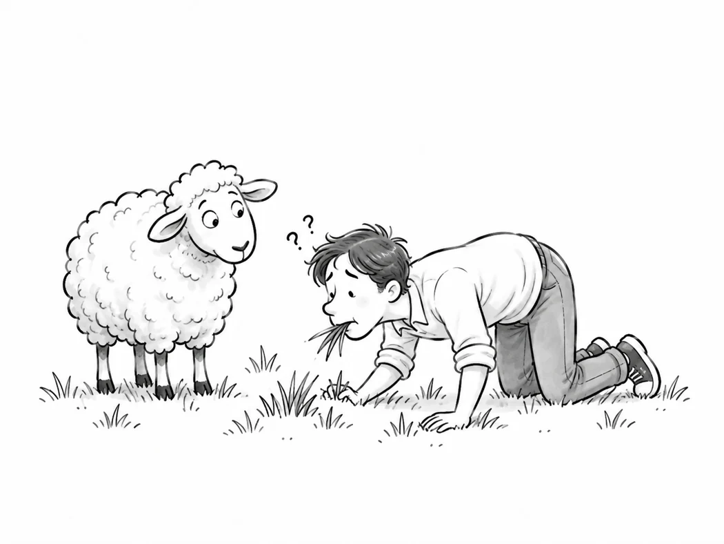 Homme essayant de brouter près d’un mouton