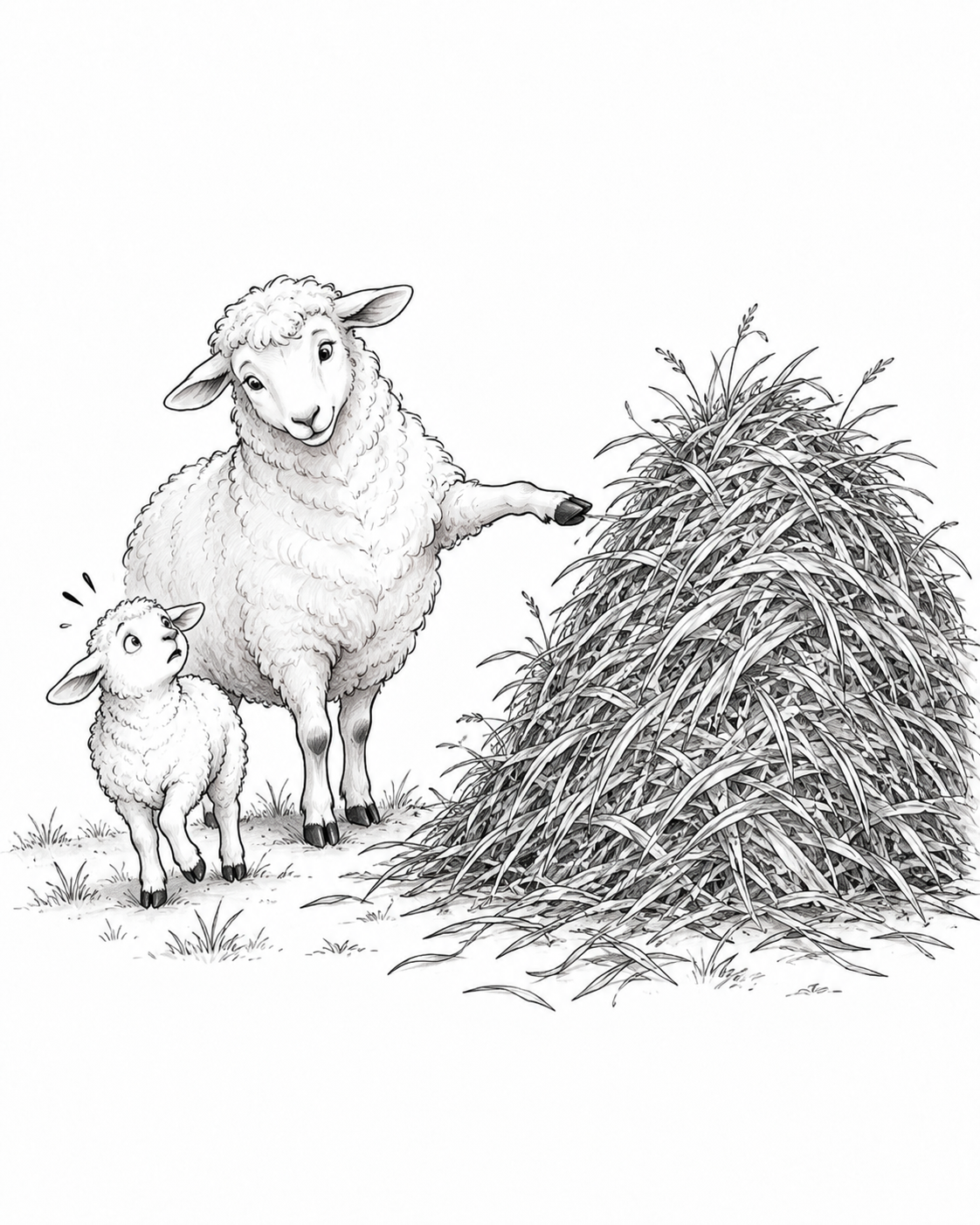 Mouton montrant une grande quantité d’herbe à son agneau