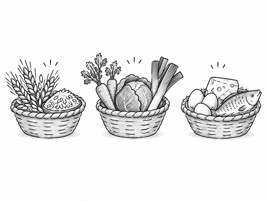 Trois paniers de céréales, légumes et produits animaux
